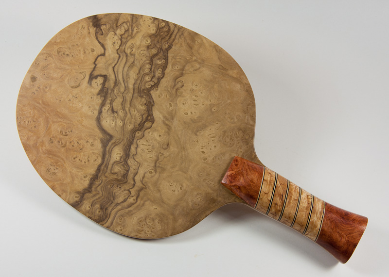 Blade: Myrtle Burl<p><br />Handle: Amboyna Burl and Masur Birch