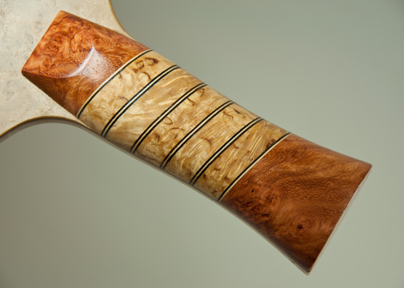 Blade: Myrtle Burl<p><br />Handle: Amboyna Burl and Masur Birch